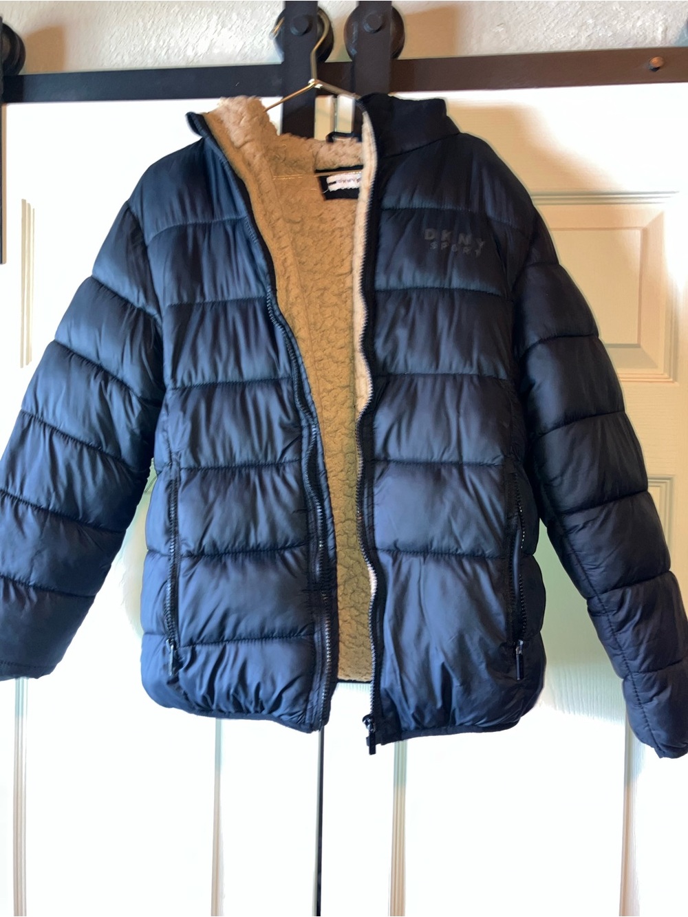 DKNY Navy Blue Kids Puffer Jacket with Sherpa Lining